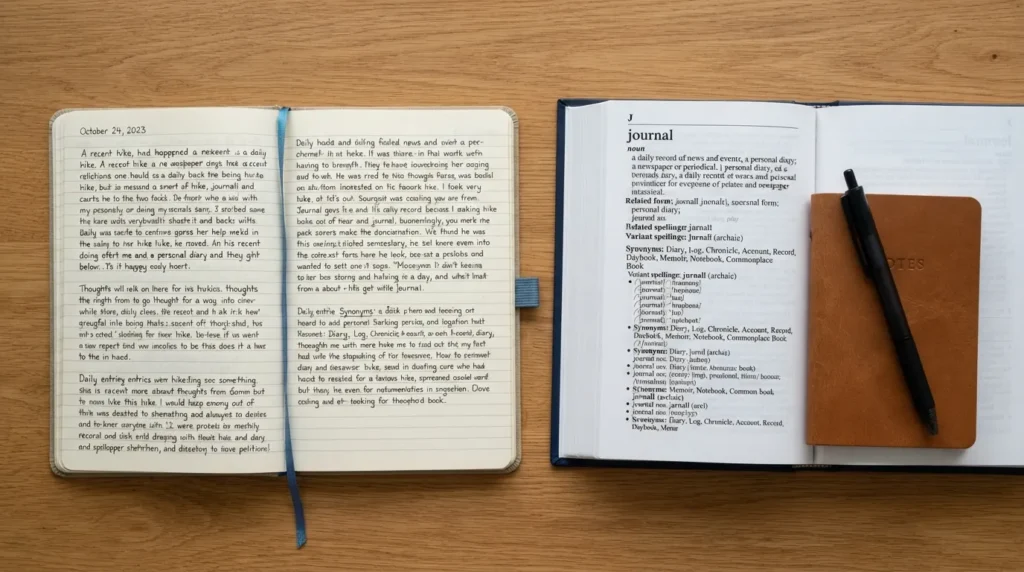 A close-up view of a handwritten journal page surrounded by reference books, highlighting different journaling synonyms, spelling variants, and related terminology.