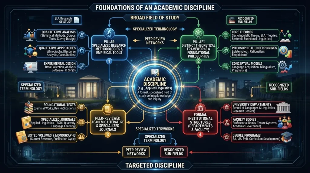 Infographic diagram illustrating the core components of an academic discipline, including specialized research methods, distinct theoretical frameworks, peer-reviewed literature, and university department structures.