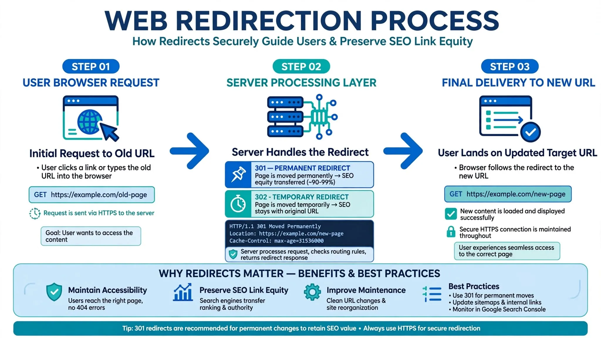 Flowchart diagram illustrating website URL redirection, showing a user browser visiting an old URL and being automatically forwarded to a new destination URL.