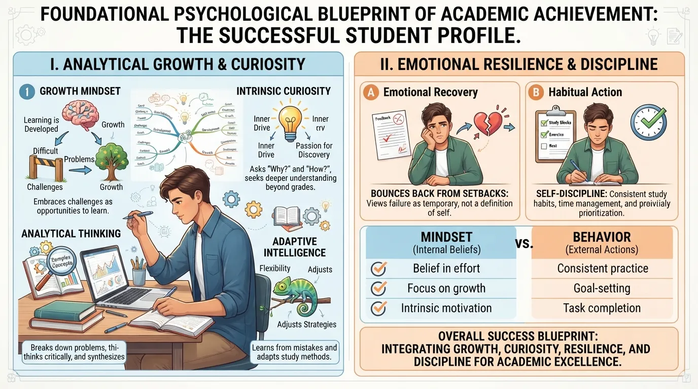 A student displaying core traits of a successful student including a growth mindset, curiosity, discipline, and emotional resilience.