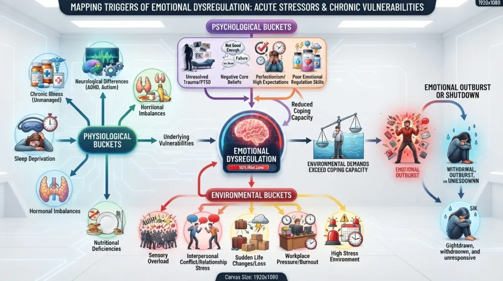 An infographic diagram illustrating the internal and external triggers of emotional dysregulation, including chronic stress, trauma, sensory overload, and lack of sleep.