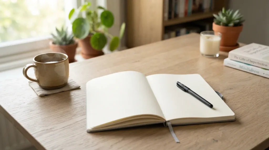 A flat lay photo of a clean wooden desk arranged with a blank personal notebook, a pen, a cup of coffee, and a cozy reading light, representing the essential items needed before starting a journal.