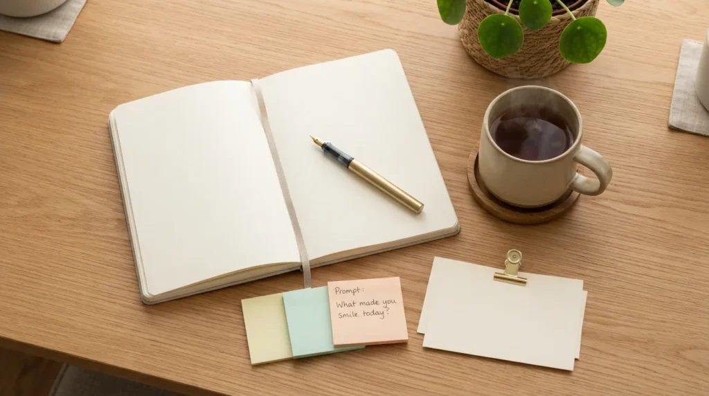 Flat lay image of a beginner journaling setup including a blank notebook, pen, a cup of coffee, and small sticky notes on a wooden desk.