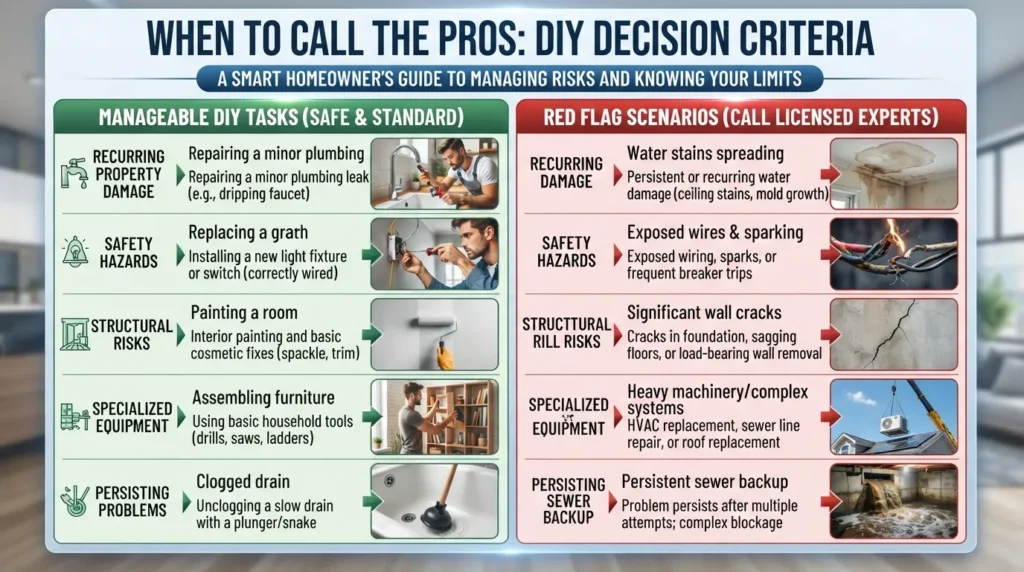 Infographic highlighting key warning signs and critical situations indicating when it is necessary to hire a professional service provider instead of attempting DIY repairs.