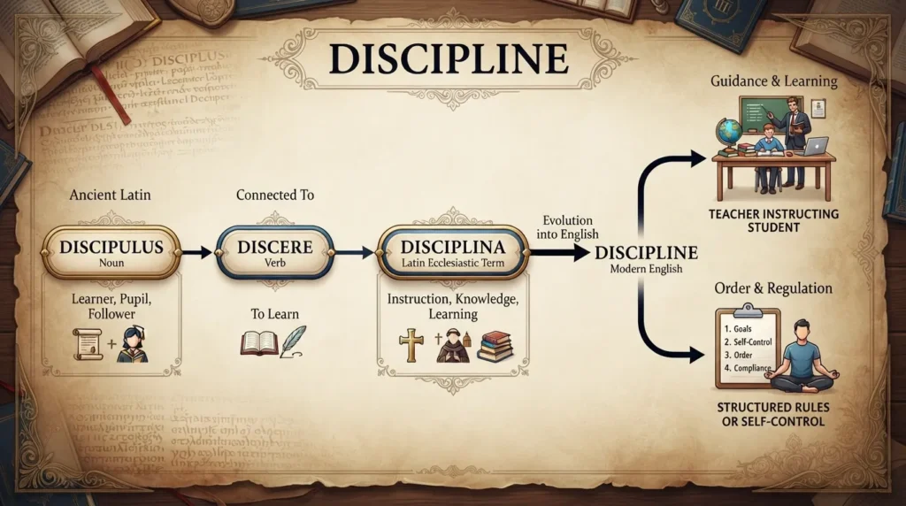 Etymology diagram showing the evolution of the word discipline from the Latin root discipulus meaning pupil to the modern concept of training and control.