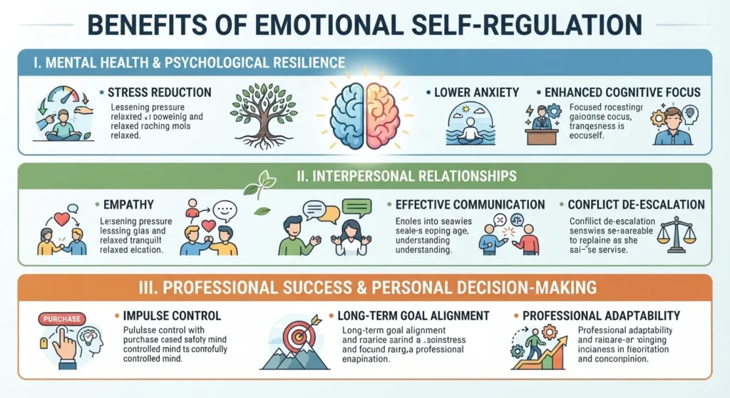 An infographic illustrating the core benefits of emotional self-regulation, showing pathways for improved mental health, better relationships, and workplace success.