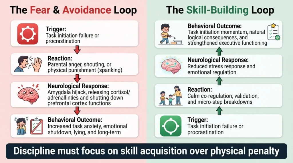 Infographic comparing the negative cycle of punishment and fear-based discipline with a positive, skill-building framework for childhood procrastination.