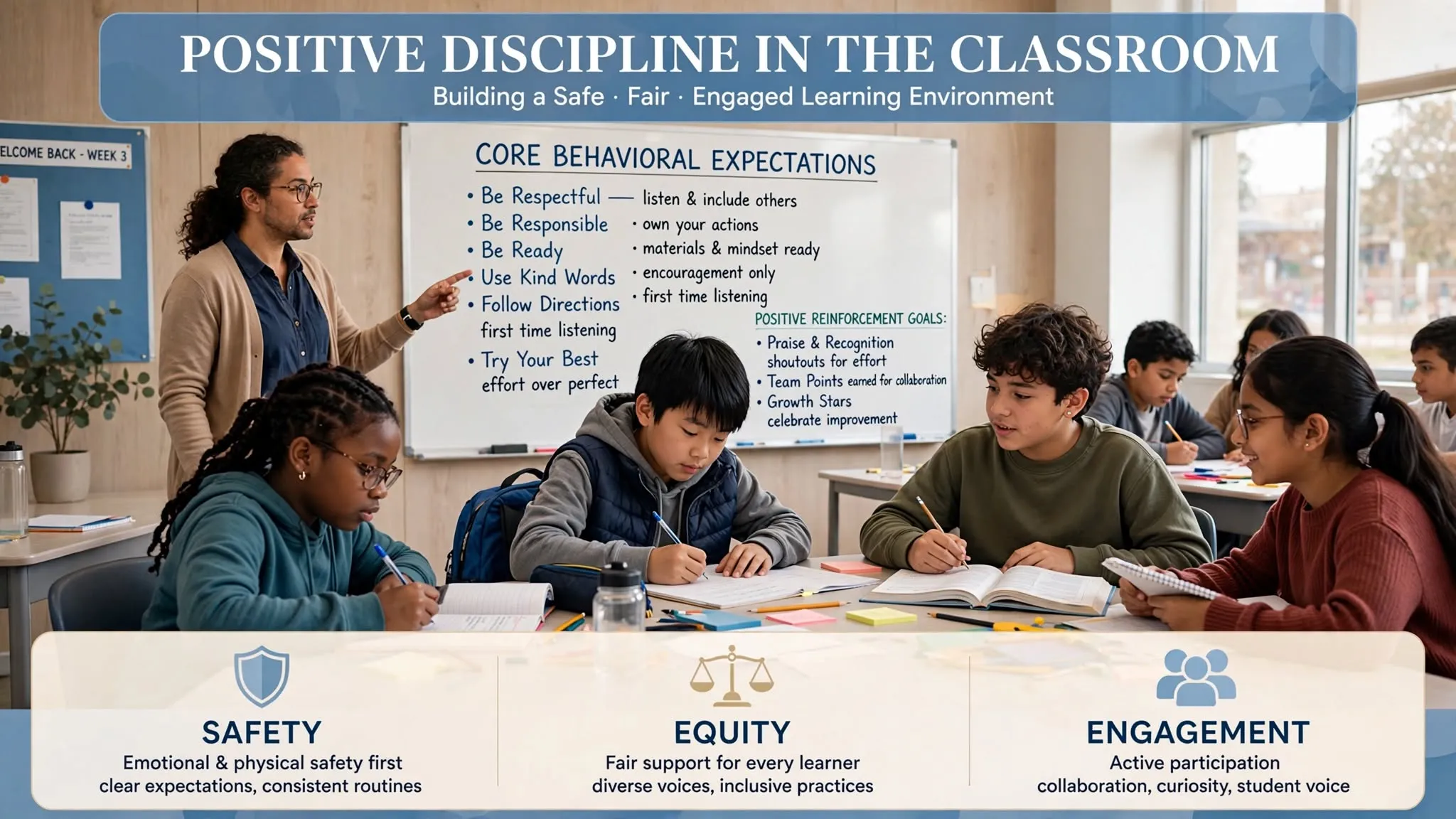 A teacher guiding high school students in a well-organized classroom, illustrating how school discipline matters for student success and focus.