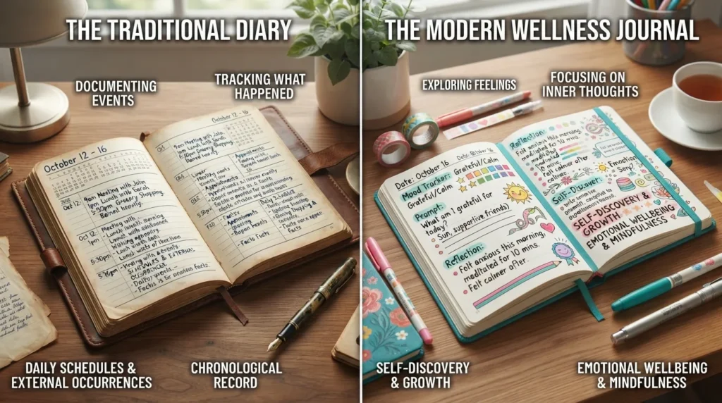 Side-by-side comparison showing a daily chronological diary versus a reflective self-care journal with prompts and emotional notes.