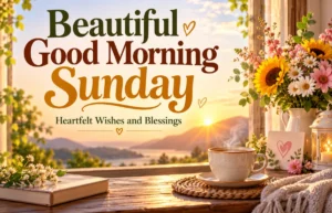 Beautiful Good Morning Sunday sunrise with coffee and flowers