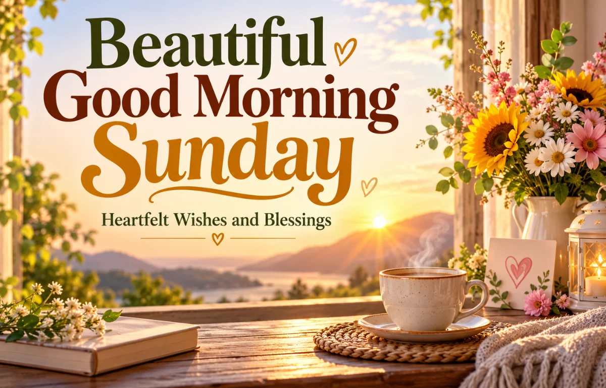 Beautiful Good Morning Sunday sunrise with coffee and flowers
