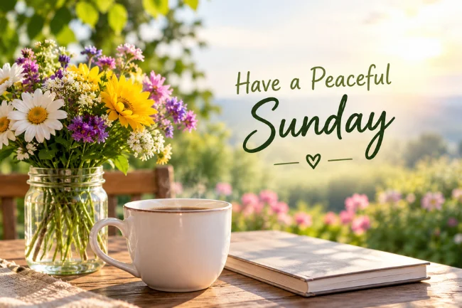 Beautiful Good Morning Sunday image with flowers and coffee