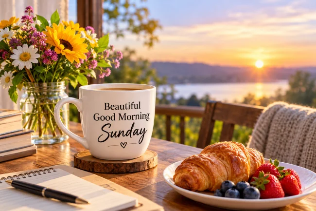 Beautiful Good Morning Sunday coffee with flowers and sunrise
