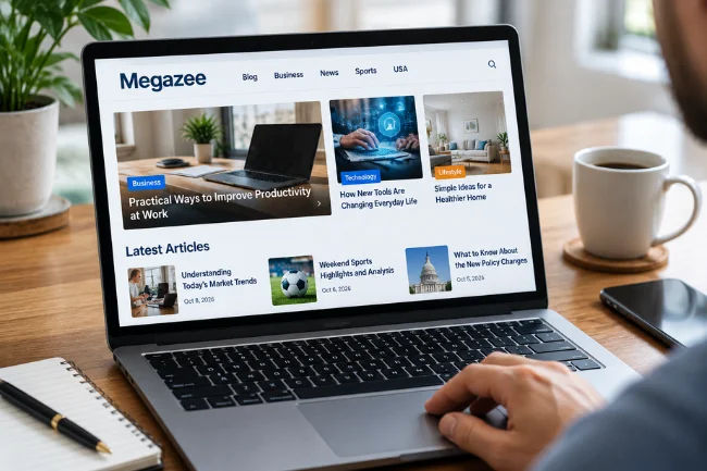 Megazee.com website on laptop