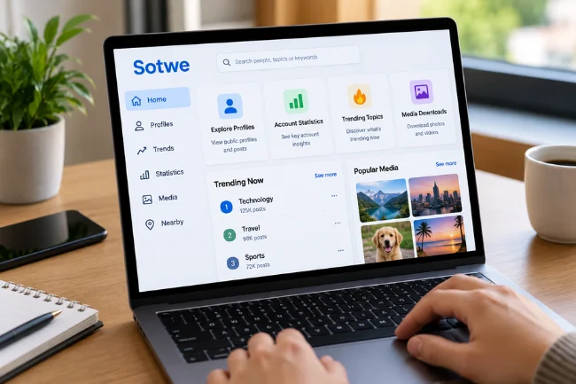 Sotwe features dashboard showing profiles, trends and media