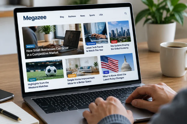 Megazee.com content categories on laptop