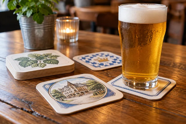 Pappedeckel cardboard beer coasters on a pub table